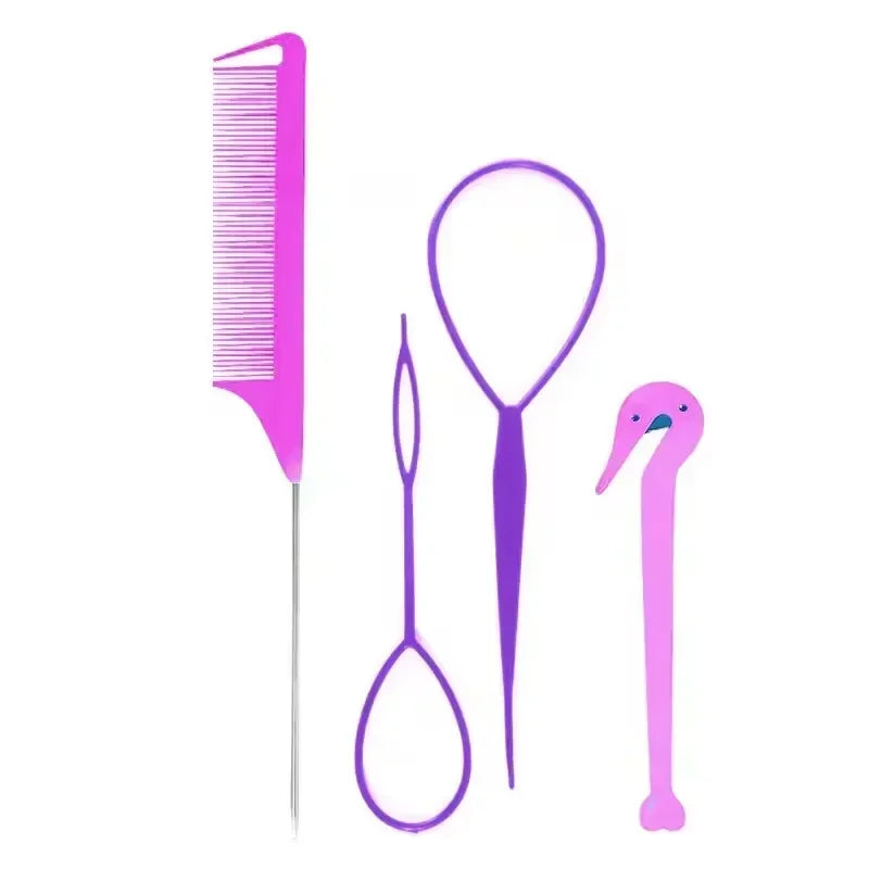 Hair Styling Set – Rubber Bands, Cutter & Rat Tail Comb Kit Hair Styling Kit PLUSH Purple 4Pcs Set