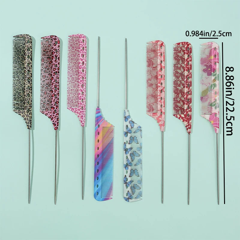 Anti-Static Rat Tail Combs – 8 Colorful Patterns | 1/3/8pcs Hair Styling Comb PLUSH 8PCS