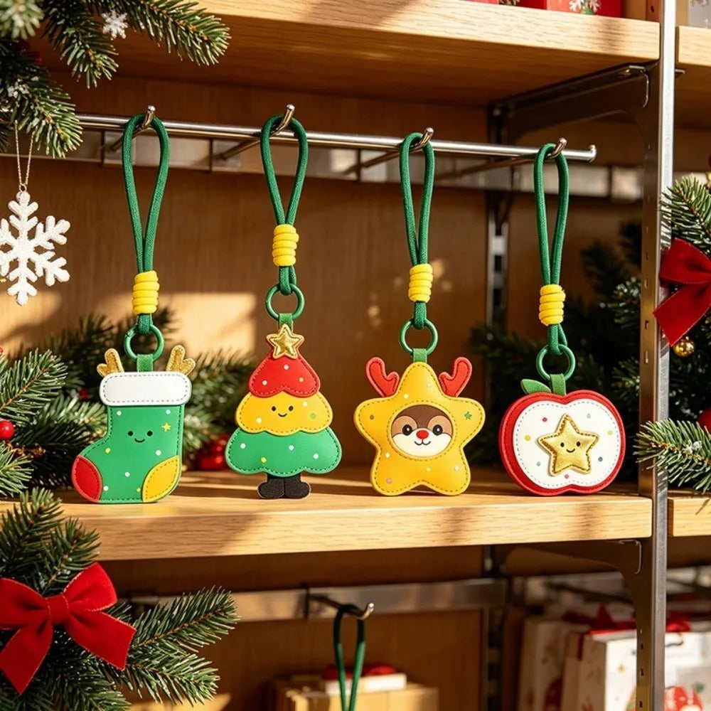 Cute Christmas PU Leather Keychain – Tree & Reindeer Charm Holiday Bag Charm PLUSH