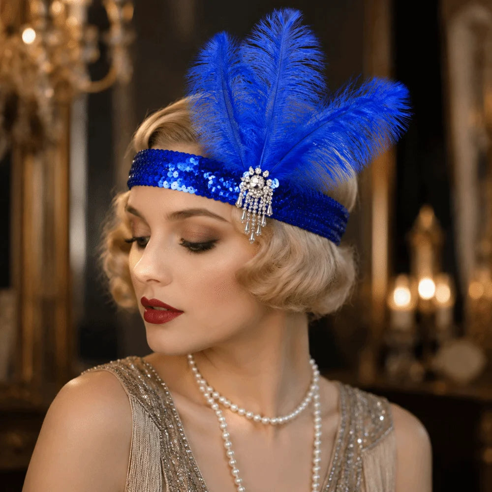 1920s Vintage Feather Headband – Beaded Rhinestone Headpiece Feather Headband PLUSH