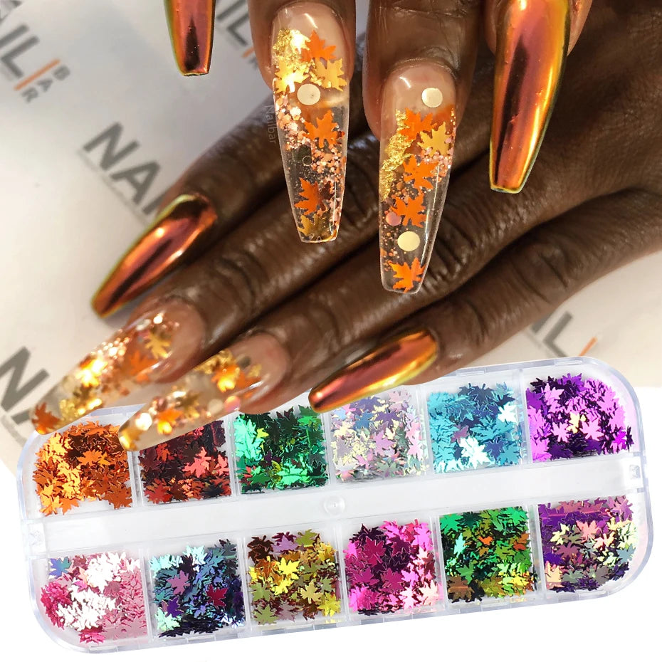 12-Grid Maple Leaf Nail Art Sequins – Fall Glitter Flakes Set Nail Art Sequins PLUSH