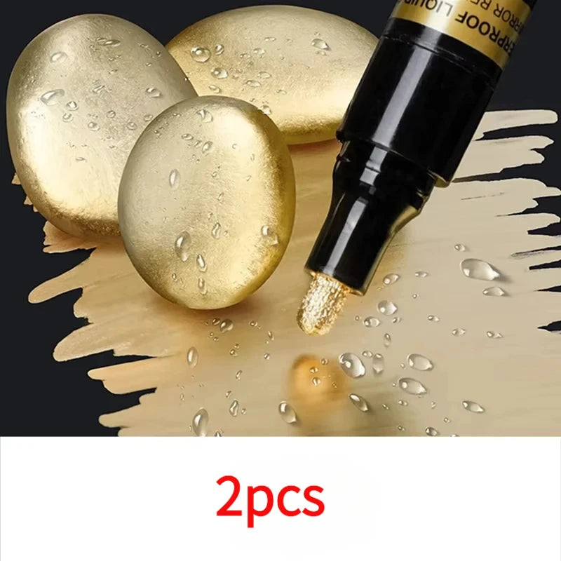Chrome Mirror Marker Pen 2mm – Gold & Silver Reflective Paint Metallic Paint Marker PLUSH 2pcs golden