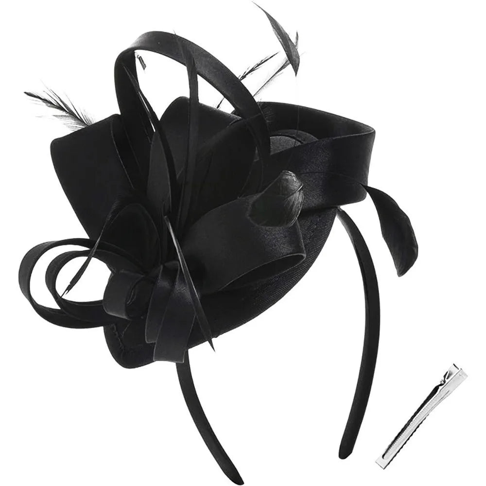 Sweet Bow Feather Fascinator Headband | Tea Party Hair Hoop Fascinator Headband PLUSH Black