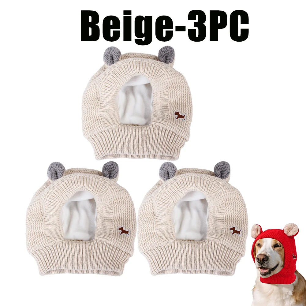 Winter Knitted Ear Muffs & Neck Warmer Hat for Dogs & Cats Pet Winter Hat PLUSH Beige-3PC