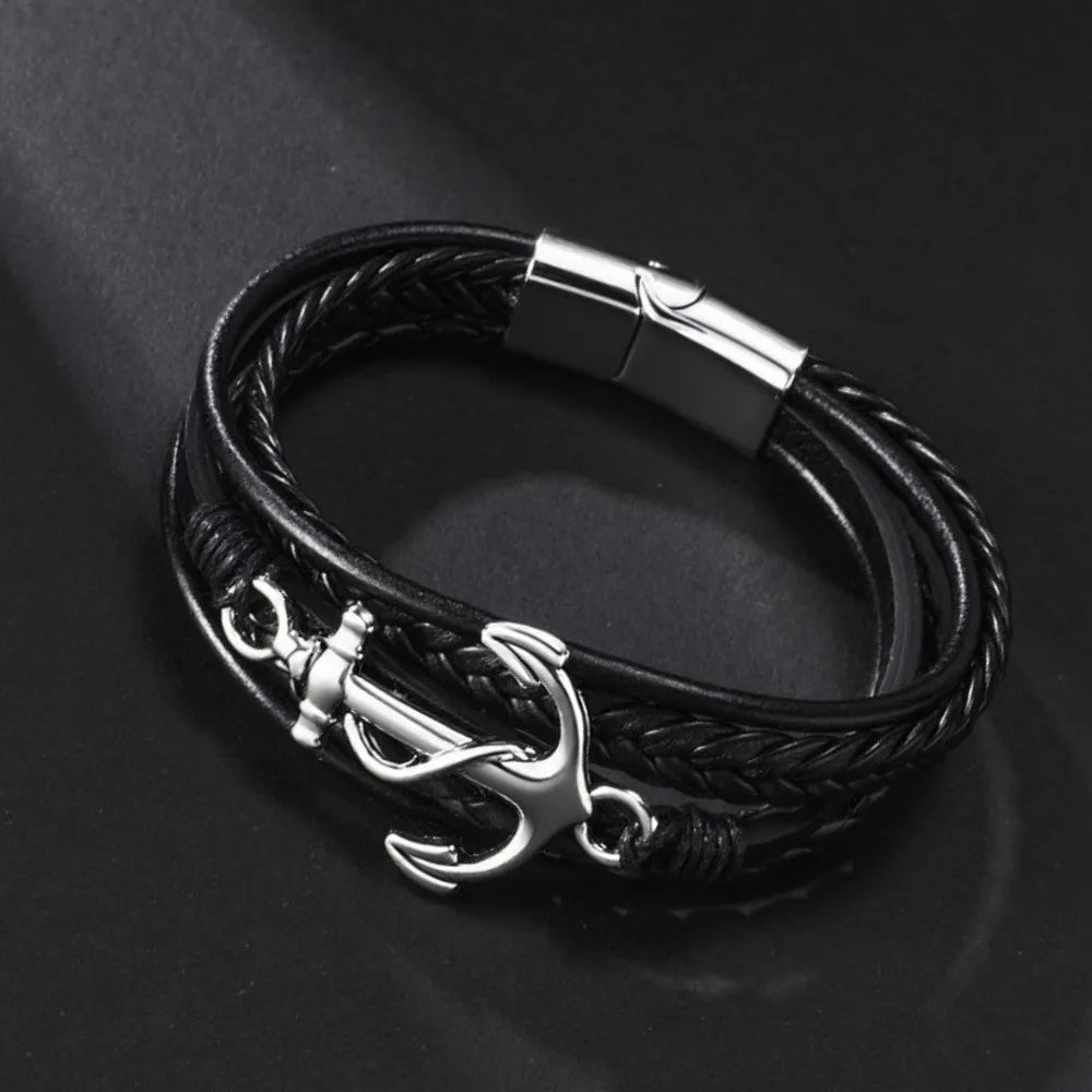 Men's Anchor Charm Multi-Layer Braided Leather Bracelet Charm Leather Bracelet PLUSH Black 21cm