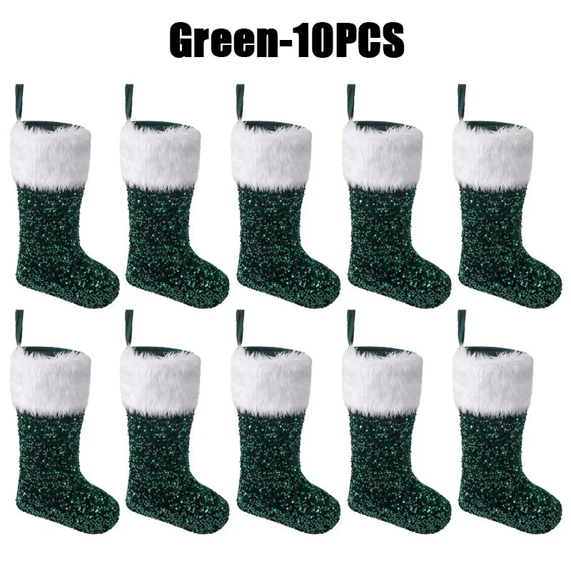 Large Flip Sequin Christmas Stockings – Fireplace Holiday Decor Christmas Stocking PLUSH 27x42cm Green-10PCS