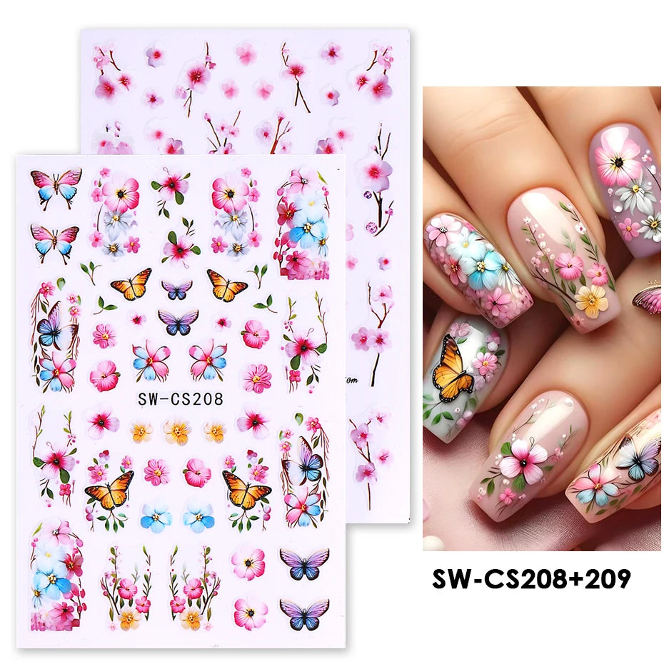 Blooming Flower Nail Art Stickers Peony Rose Floral Decals 2pc Nail Art Stickers PLUSH SW-CS208 SW-CS209