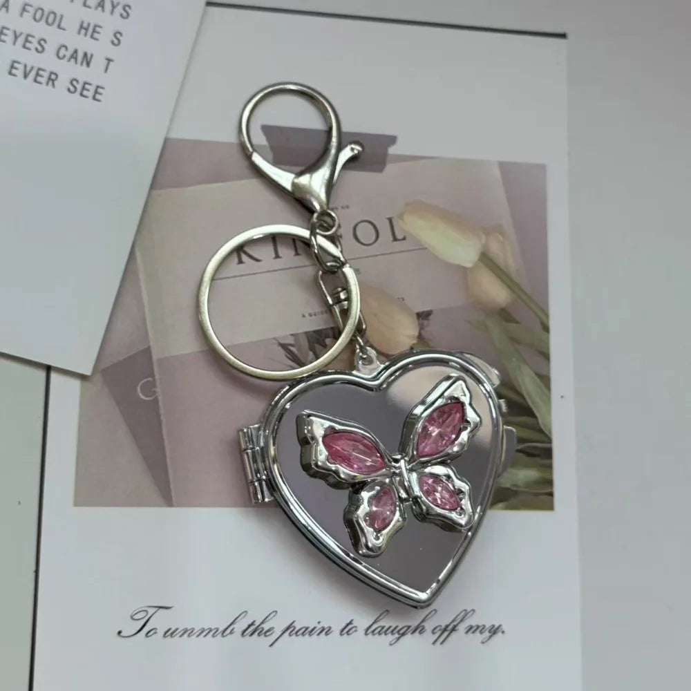 Y2K Bow Heart Mirror Keychain – Double Sided Compact Pendant Mirror Keychain PLUSH style C