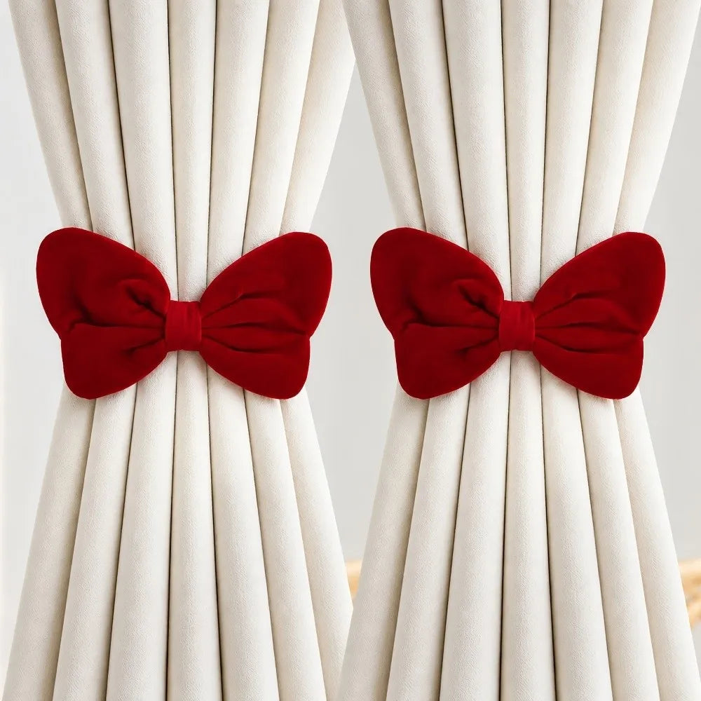 Velvet Bowknot Curtain Tiebacks – Handcrafted Window Decor 2Pcs Curtain Tiebacks PLUSH Red