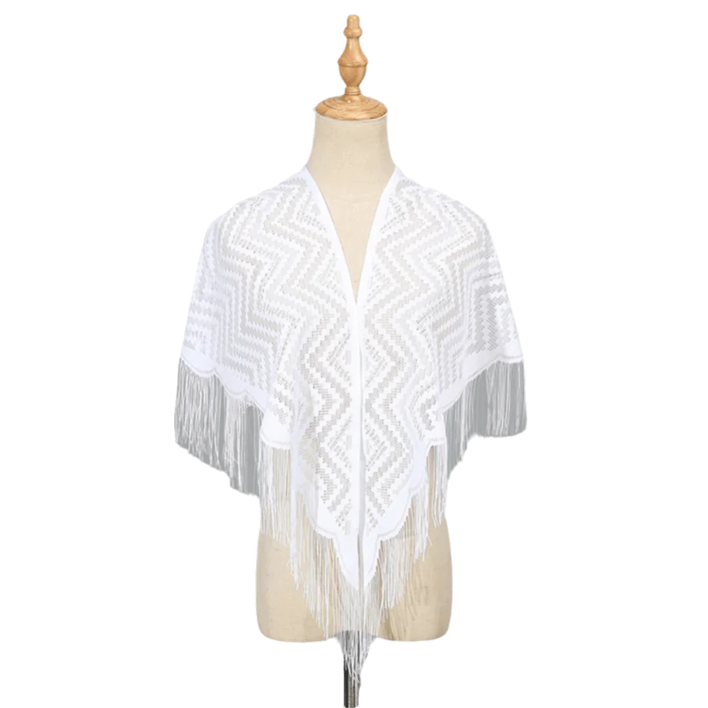 White Lace Mesh Tassel Triangle Shawl | Wedding Scarf Lace Triangle Shawl PLUSH Style D