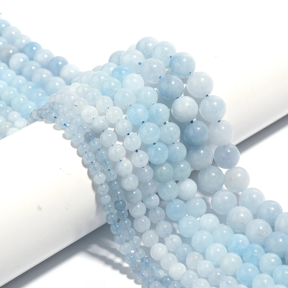 Natural Aquamarine Stone Beads – Blue Round Spacer Beads DIY Gemstone Spacer Beads PLUSH