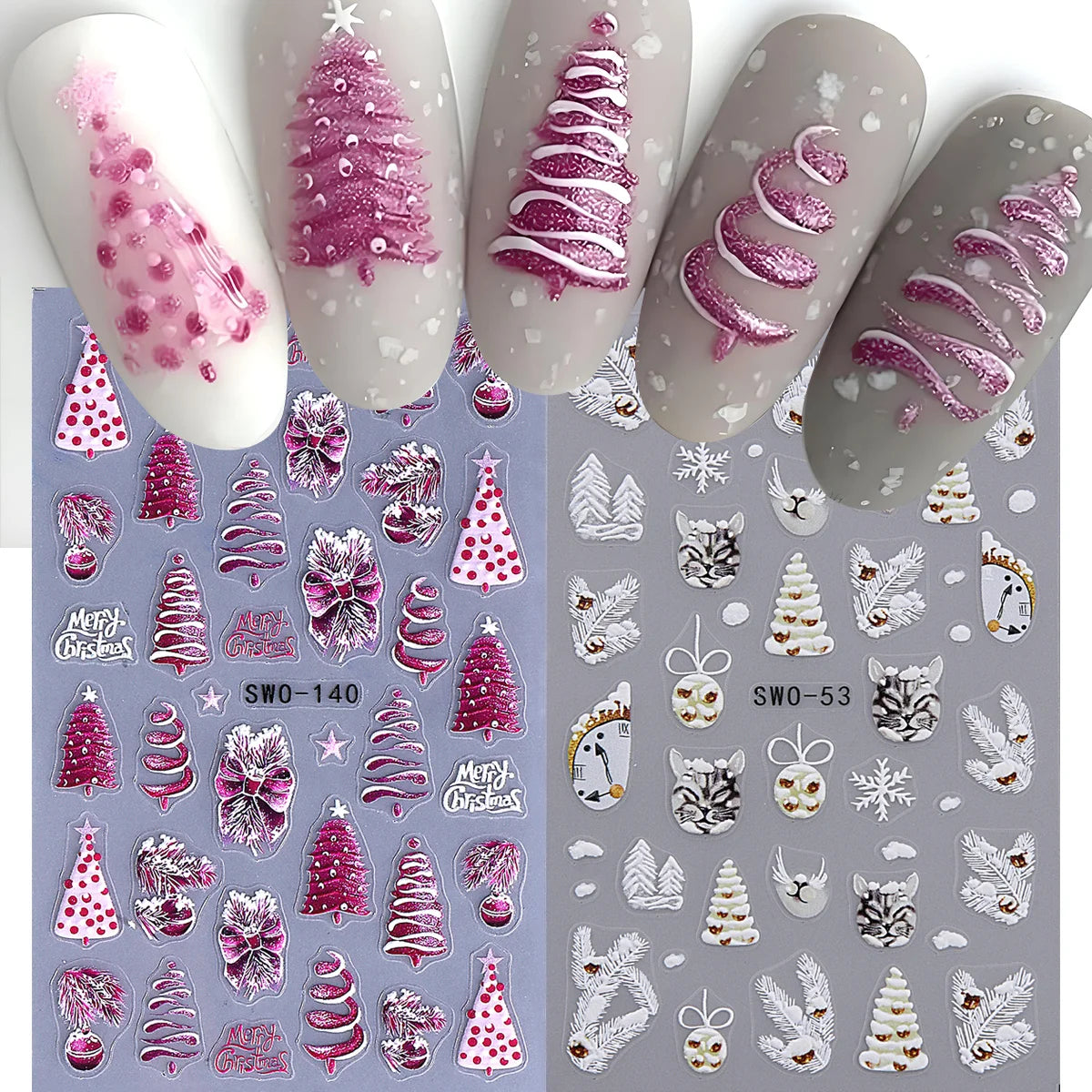 Christmas Nail Matte Decals – Xmas Tree, Bow & Cat Stickers 2pk Nail Art Stickers PLUSH