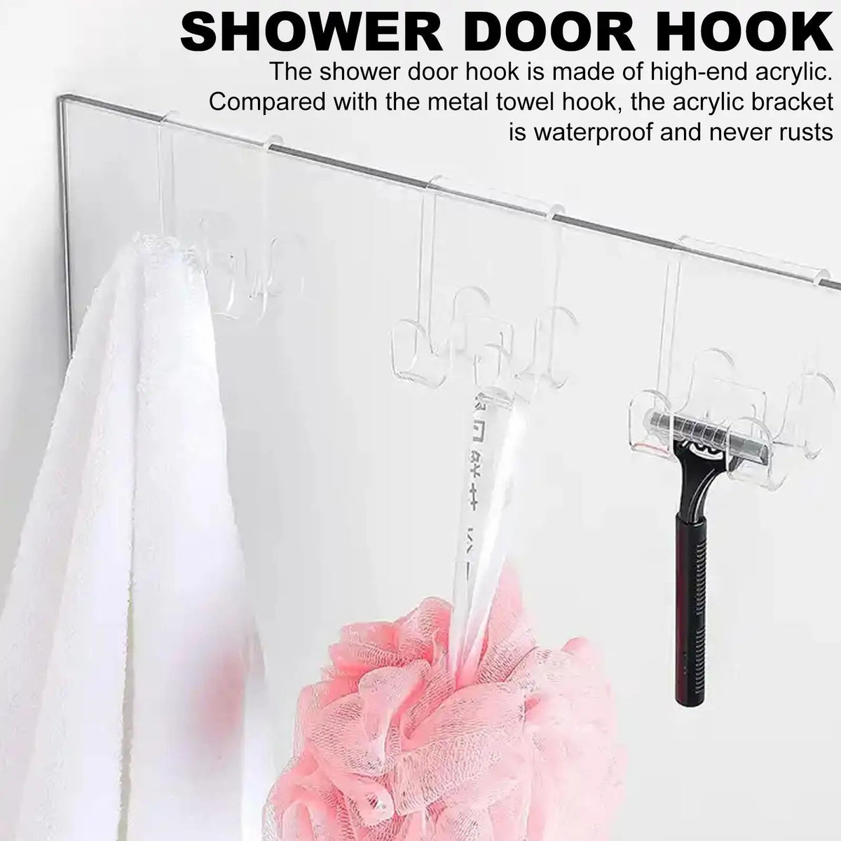 Acrylic Over Glass Door Hook – No-Drill Shower & Cabinet Hanger Over Door Hook PLUSH
