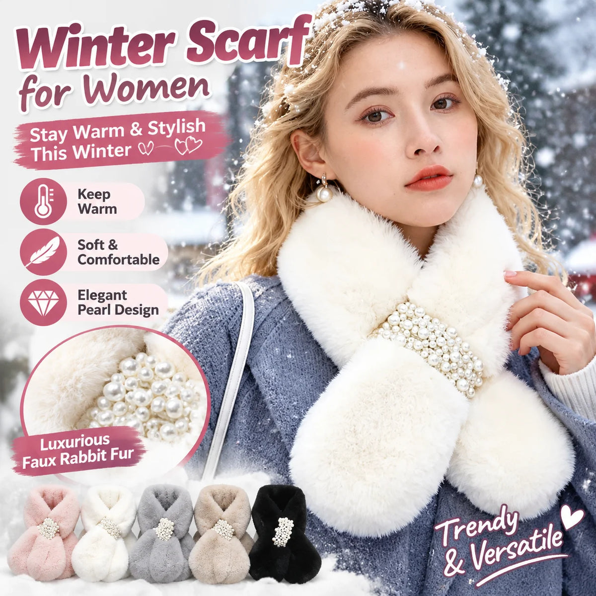 Women's Faux Rabbit Fur Scarf with Pearl Accents | Neck Warmer Faux Fur Scarf PLUSH