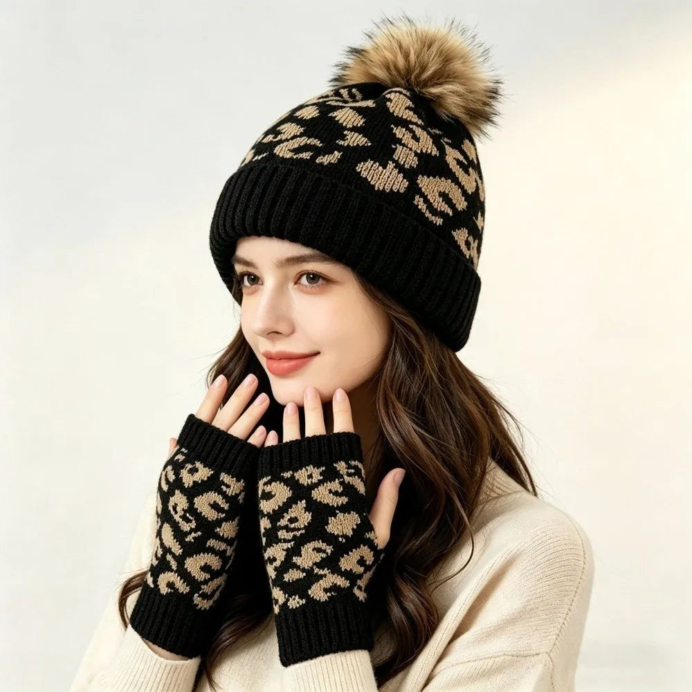 Women's Leopard Print Knit Beanie & Mittens Set – 2 Pcs Beanie & Mittens Set PLUSH