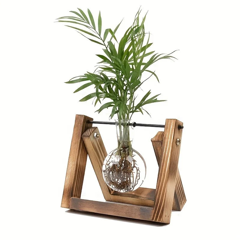 Glass Propagation Station in Wooden Rack | Hydroponic Vases Propagation Station PLUSH