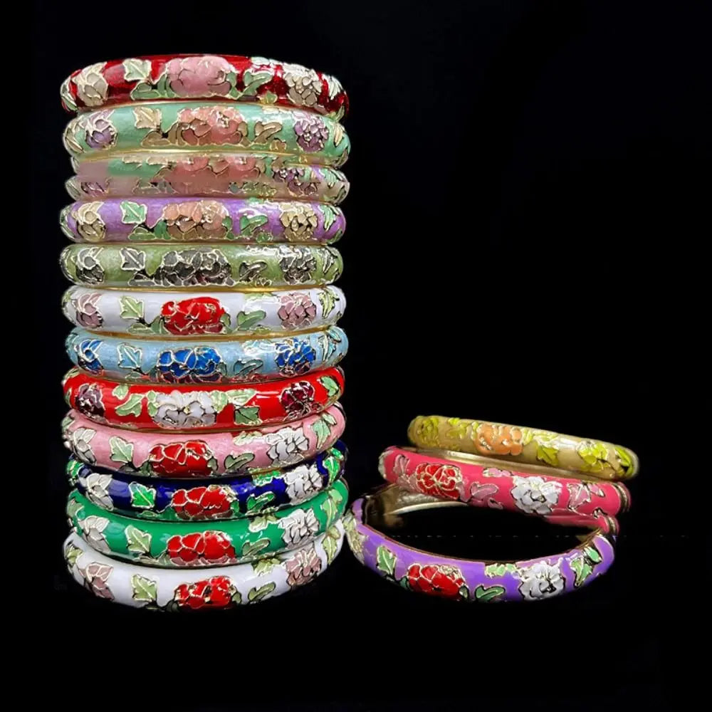 Chinese Cloisonné Enamel Peony Double Bangle Bracelet for Women Enamel Bangle Bracelet PLUSH