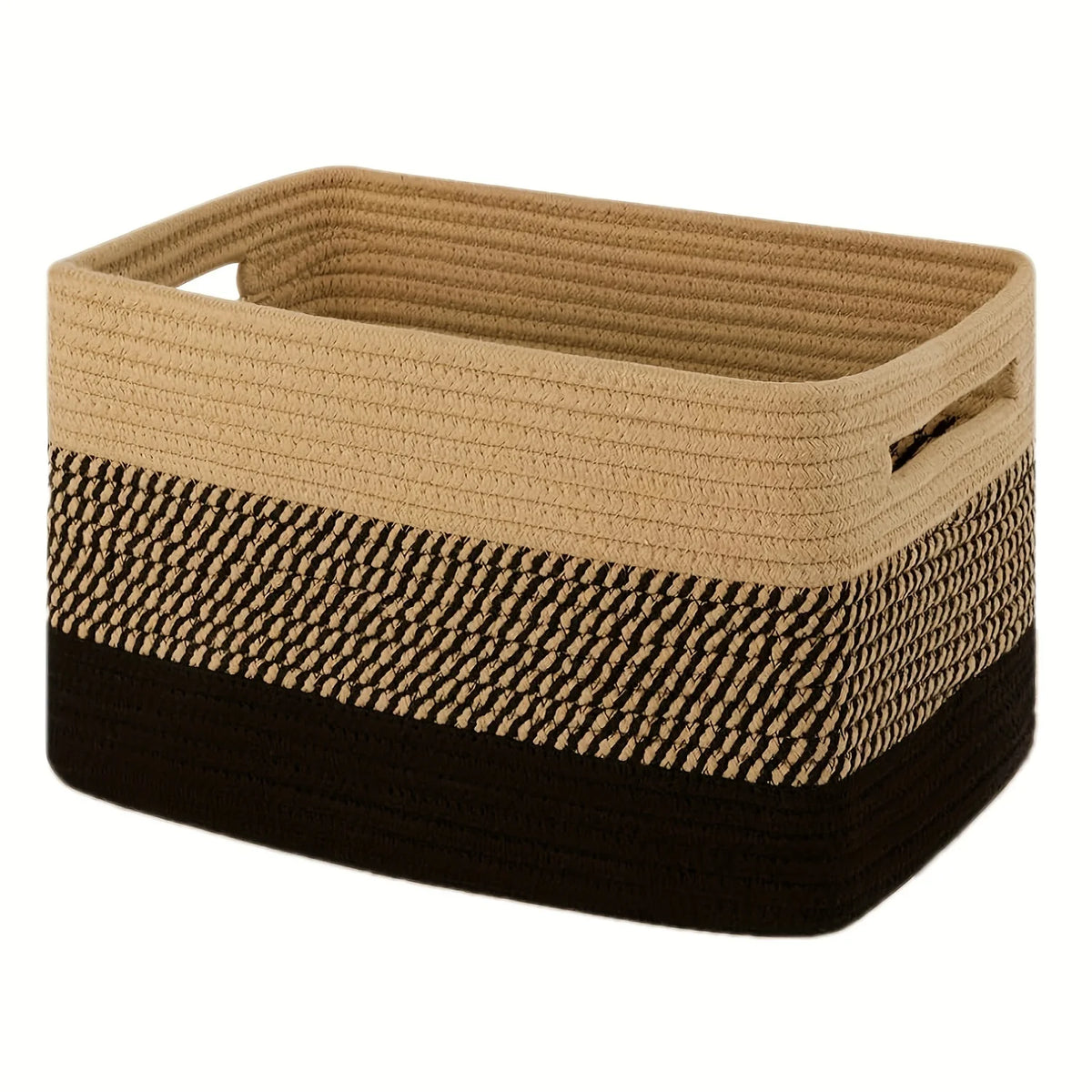 Woven Cotton Rope Storage Basket with Handles – Rectangular Woven Storage Basket PLUSH Black and Brown