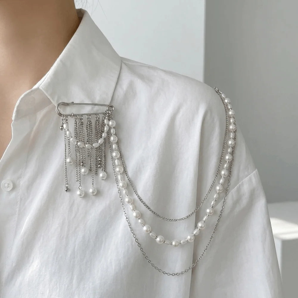 White Pearl Tassel Multi-Layer Chain Brooch | Zinc Alloy Fashion Brooch PLUSH