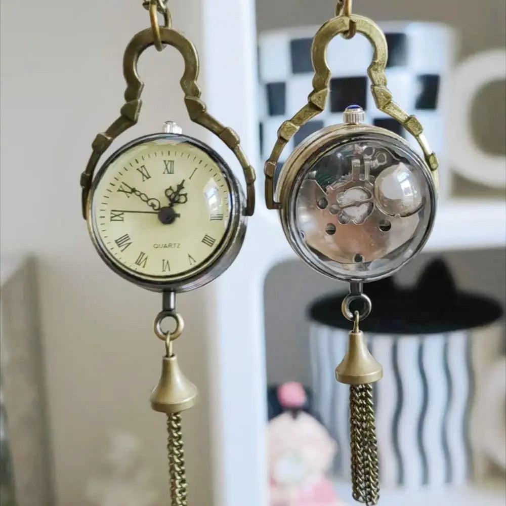 Vintage Bronze Ball Transparent Pocket Watch Quartz Tassel Necklace Pocket Watch Necklace PLUSH