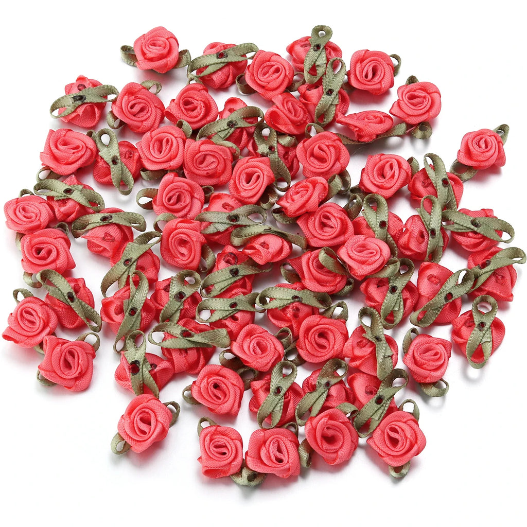 50pcs Mini Fabric Rose Flowers for DIY Crafts & Wedding Decor Fabric Flower Embellishments PLUSH Red