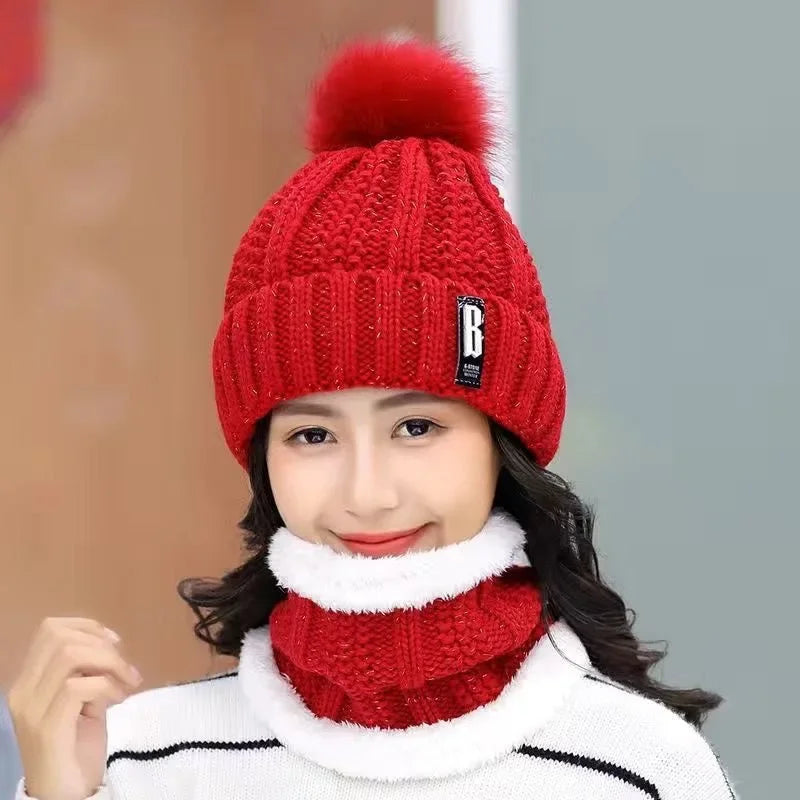 Women's Winter Knit Hat & Scarf Set – Padded Ear Protection Winter Hat Scarf Set PLUSH Red 1PCS