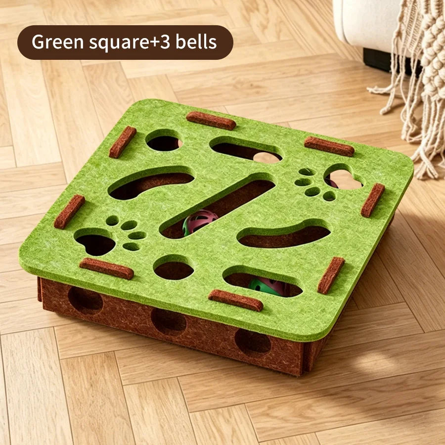 Felt Cat Puzzle Maze Toy – Bell Balls & Scratching Strips Cat Puzzle Toy PLUSH square green