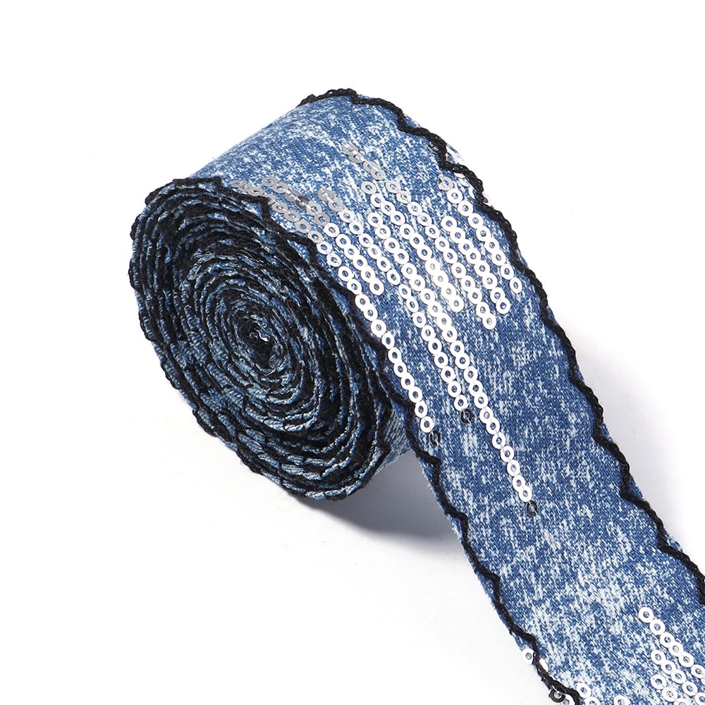 Scalloped Denim Ribbon Star Sequin Wave Trim – DIY Crafts Craft Ribbon Trim PLUSH 40mm 01 x 3yards mm