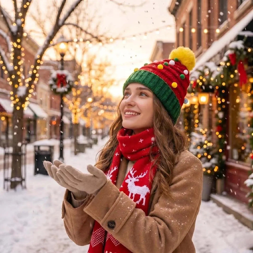 Knitted Christmas Hat & Scarf Set – Striped Snowflake Pom Holiday Knit Set PLUSH