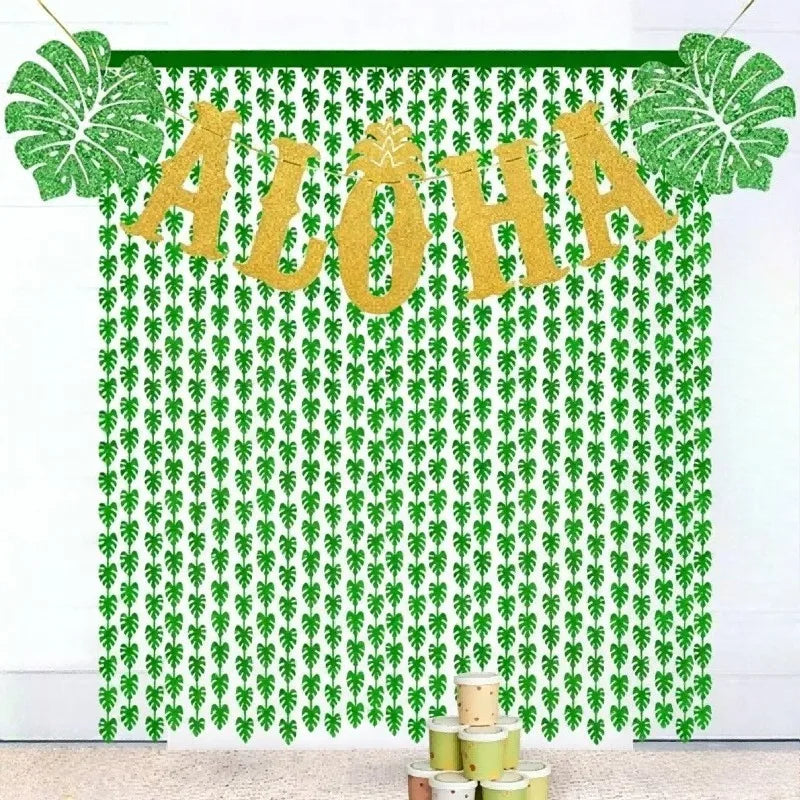 Jungle Leaf Foil Fringe Curtain – Tropical Party Backdrop Party Backdrop Curtain PLUSH