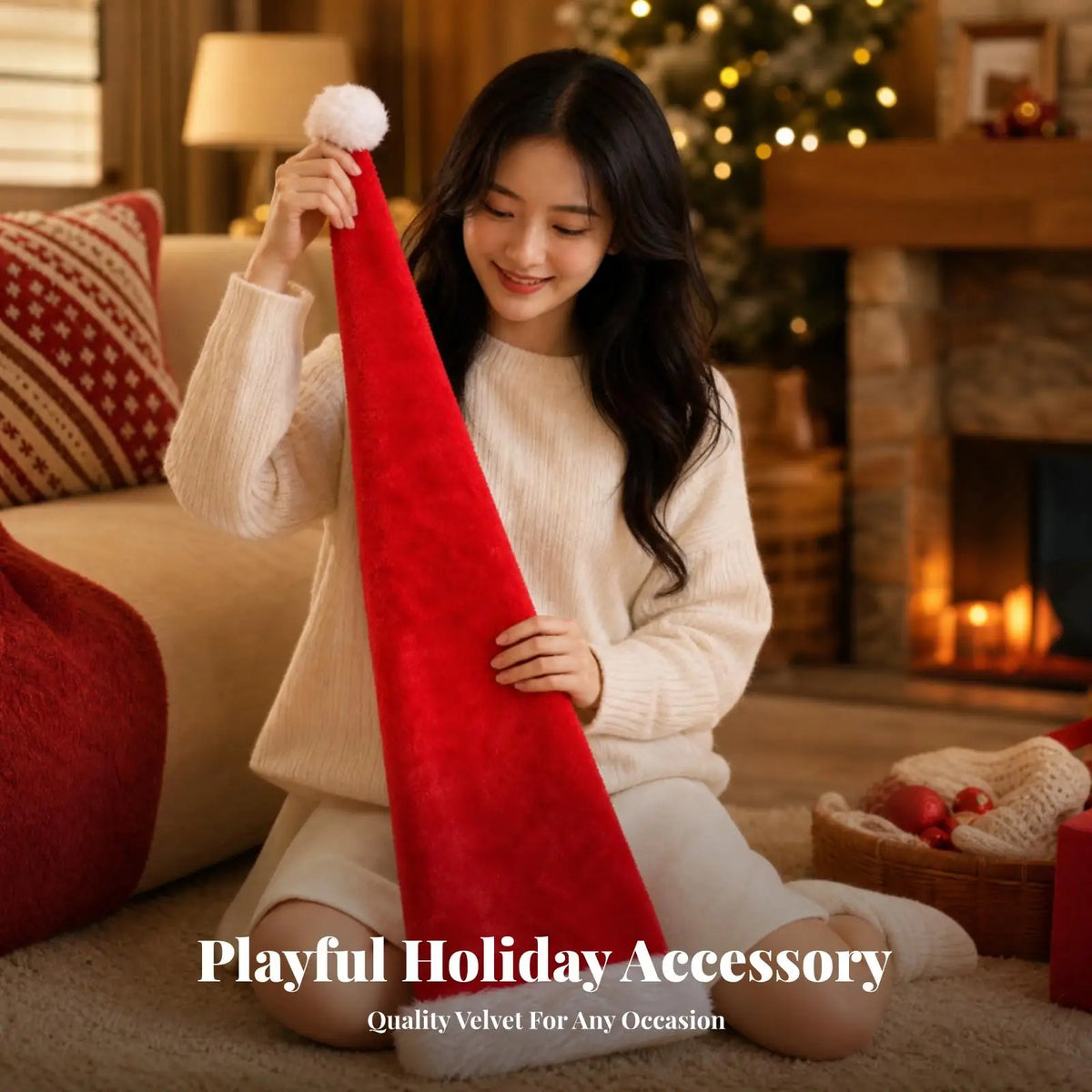 Extra Long Plush Santa Hat – Red with White Fur Trim | Holiday Christmas Costume Hat PLUSH Child