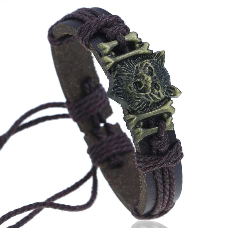 Viking Wolf Head Braided Leather Bracelet – Adjustable Unisex Charm Bracelet PLUSH Brown