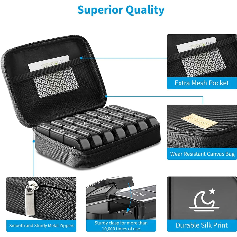 Weekly Pill Organizer 21 Compartments 3x Daily | PU Case Pill Organizer PLUSH