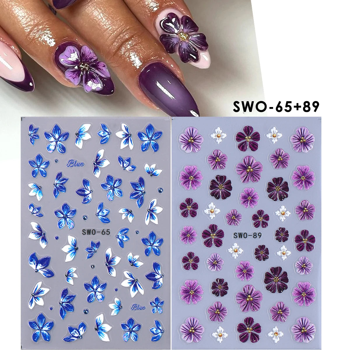 3D Hibiscus Floral Matte Nail Stickers Gradient Purple Pink – 2pcs Nail Art Stickers PLUSH SWO-65 89