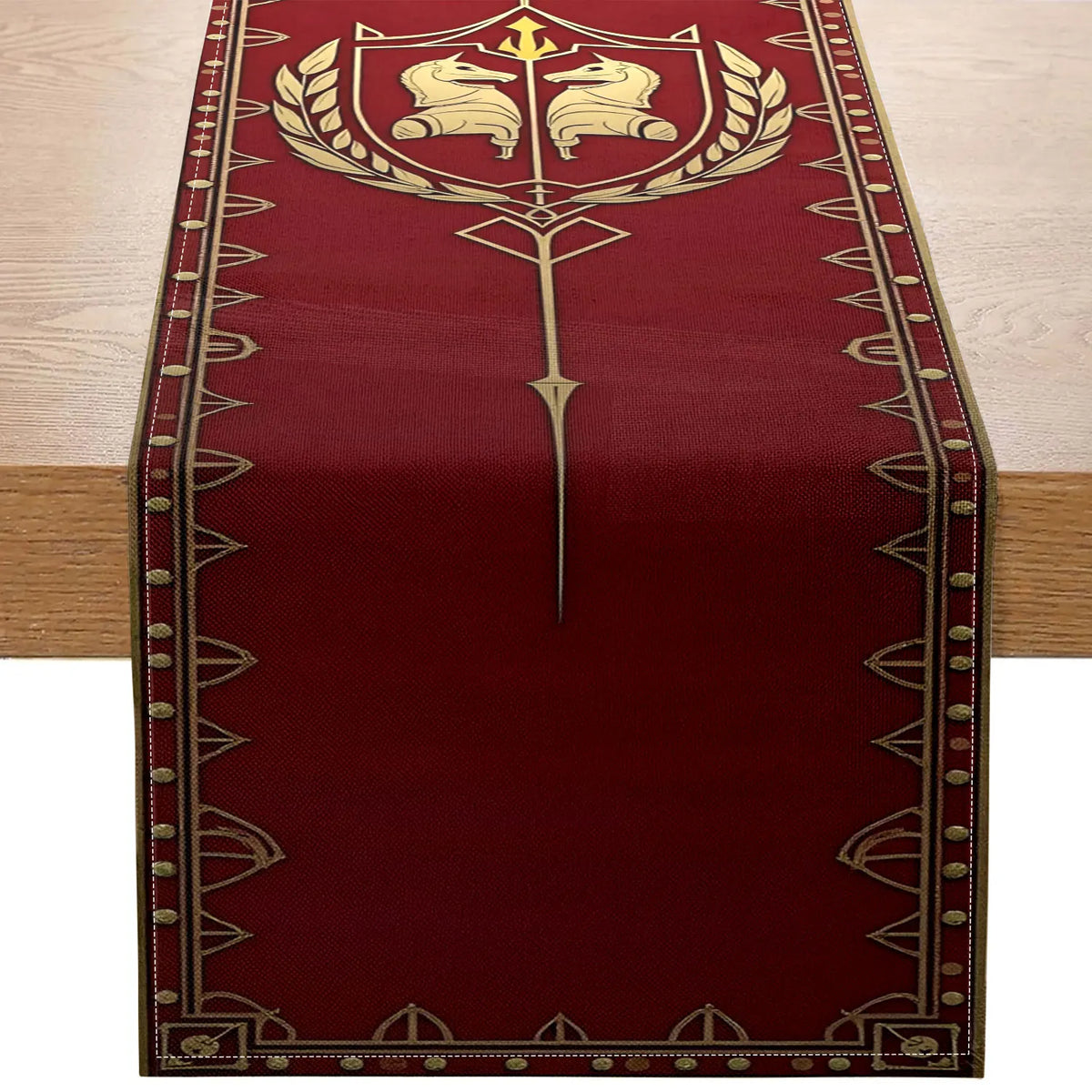 Retro Heraldic Double Horse Table Runner – Red & Gold Decorative Table Runner PLUSH A 33X90Cm