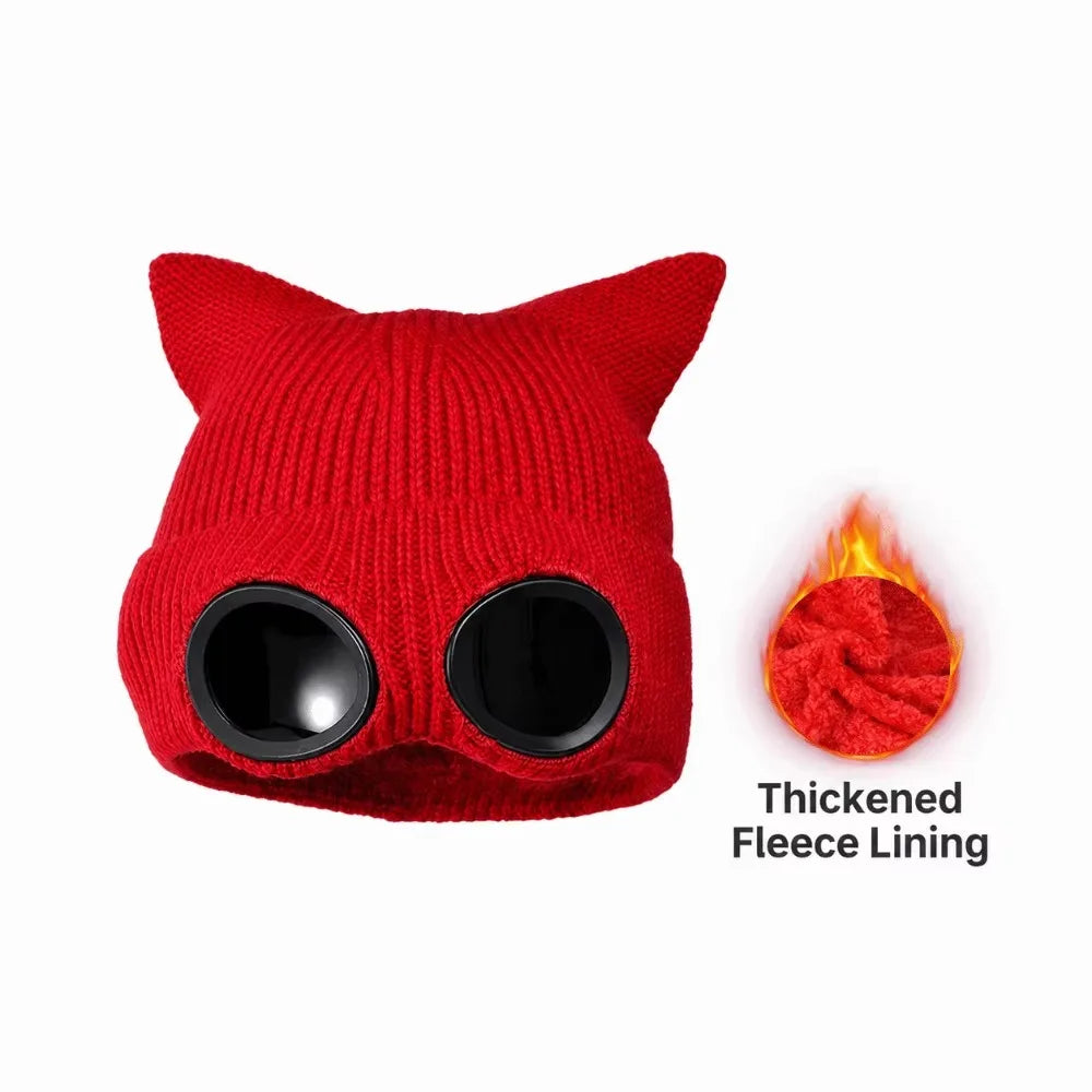 Women's Windproof Knit Ski Mask Hat with Removable Glasses Knit Ski Mask Hat PLUSH Red