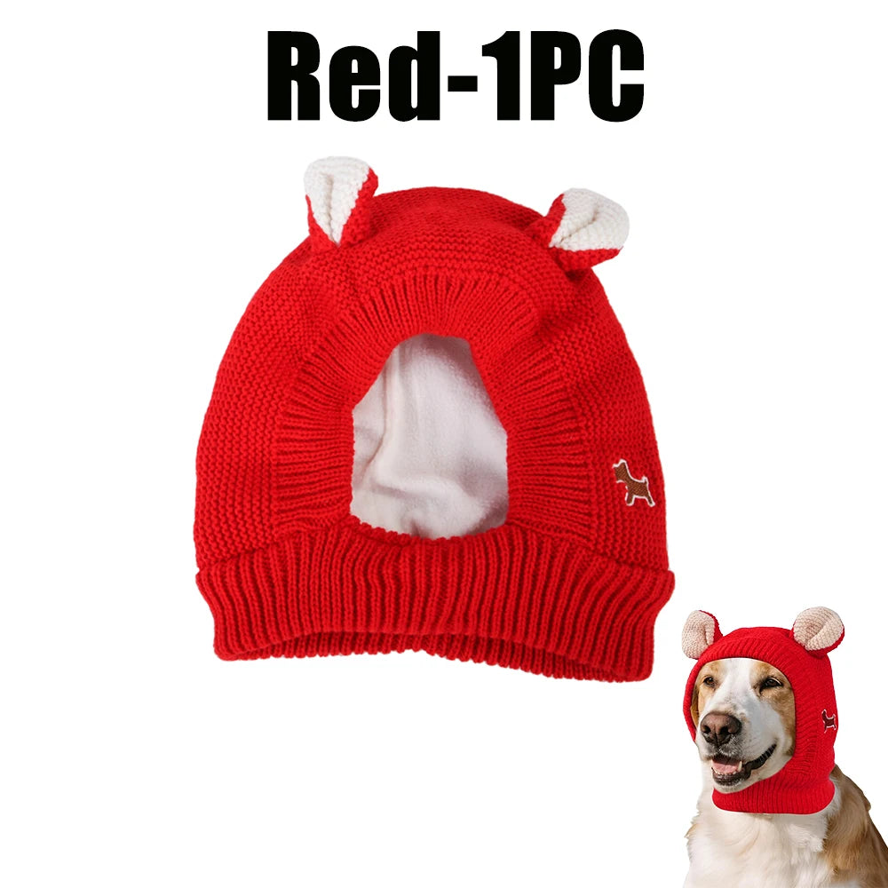 Dog Ear Muffs Knitted Hat – Pet Winter Neck & Ear Warmer Pet Winter Hat PLUSH Red-1PC