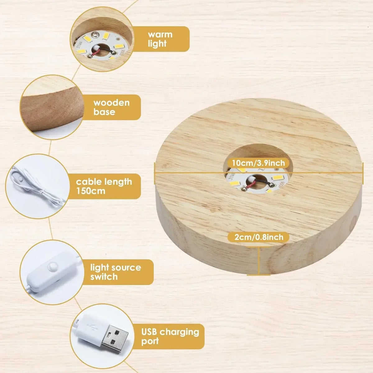 Wooden LED USB Night Light Display Stand – Desk Lamp Base LED Display Lamp Base PLUSH