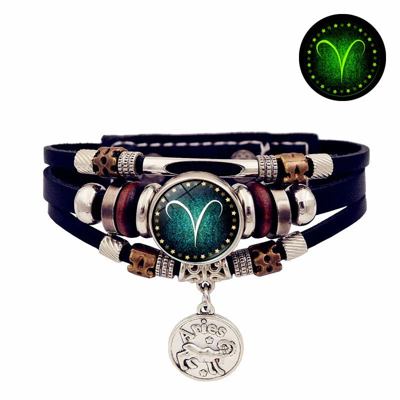 Zodiac Luminous Leather Bracelet – Multilayer Beaded Unisex Charm Bracelet PLUSH 7- Aries