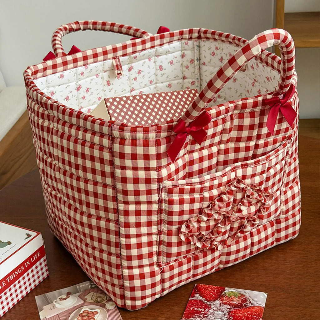 Red Plaid Quilted Fabric Storage Basket | Foldable Laundry Hamper Foldable Storage Basket PLUSH