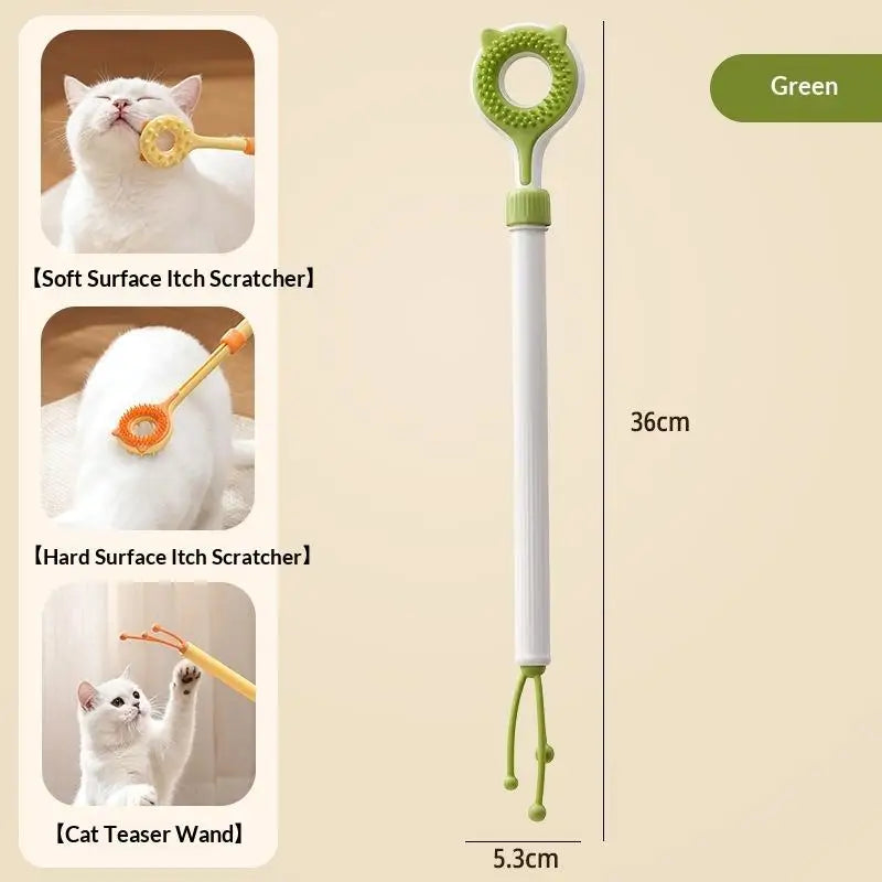 2-in-1 Retractable Cat Teaser Wand & Grooming Massager Toy Interactive Cat Toy PLUSH A3