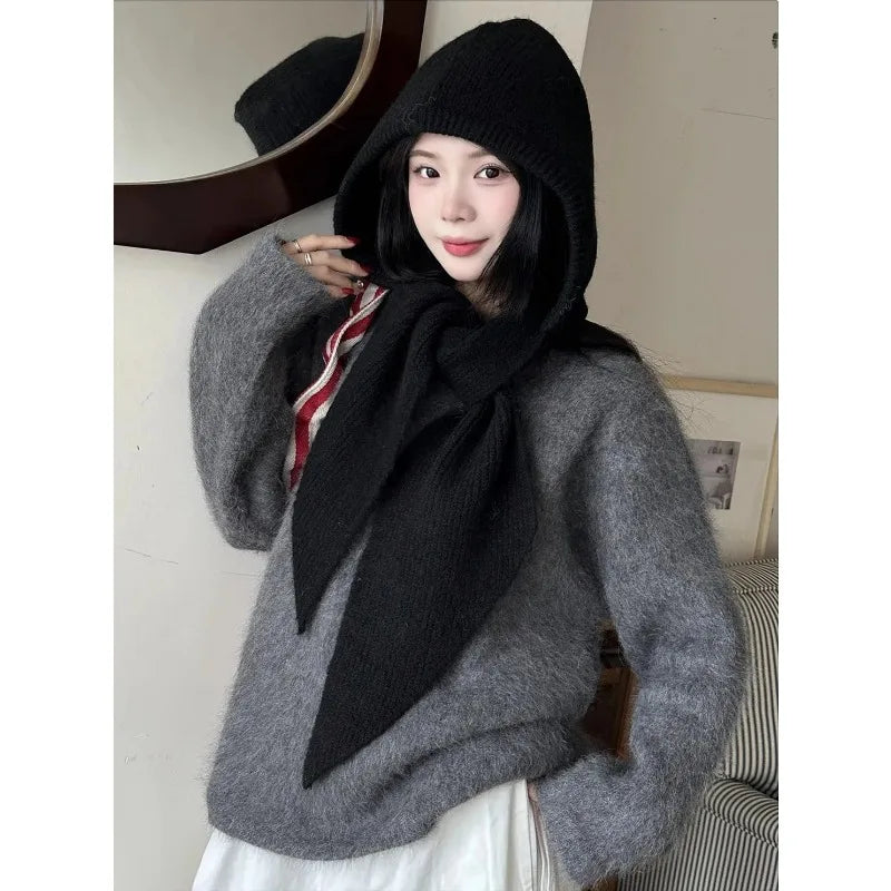 Korean Hood Scarf Knit Hat – Unisex Winter Headwear Winter Hood Scarf Hat PLUSH
