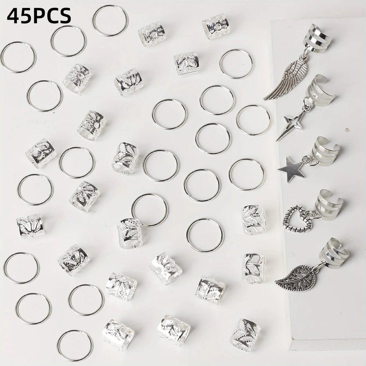 45pcs Dreadlock Hair Rings – Wing Leaves Stars Braid Jewelry Braid Hair Rings PLUSH Silver 45Pcs
