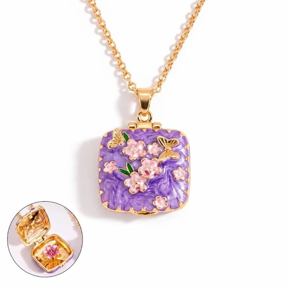 Vintage Square Locket Necklace – Enamel Floral Butterfly Pendant Locket Pendant Necklace PLUSH Style B