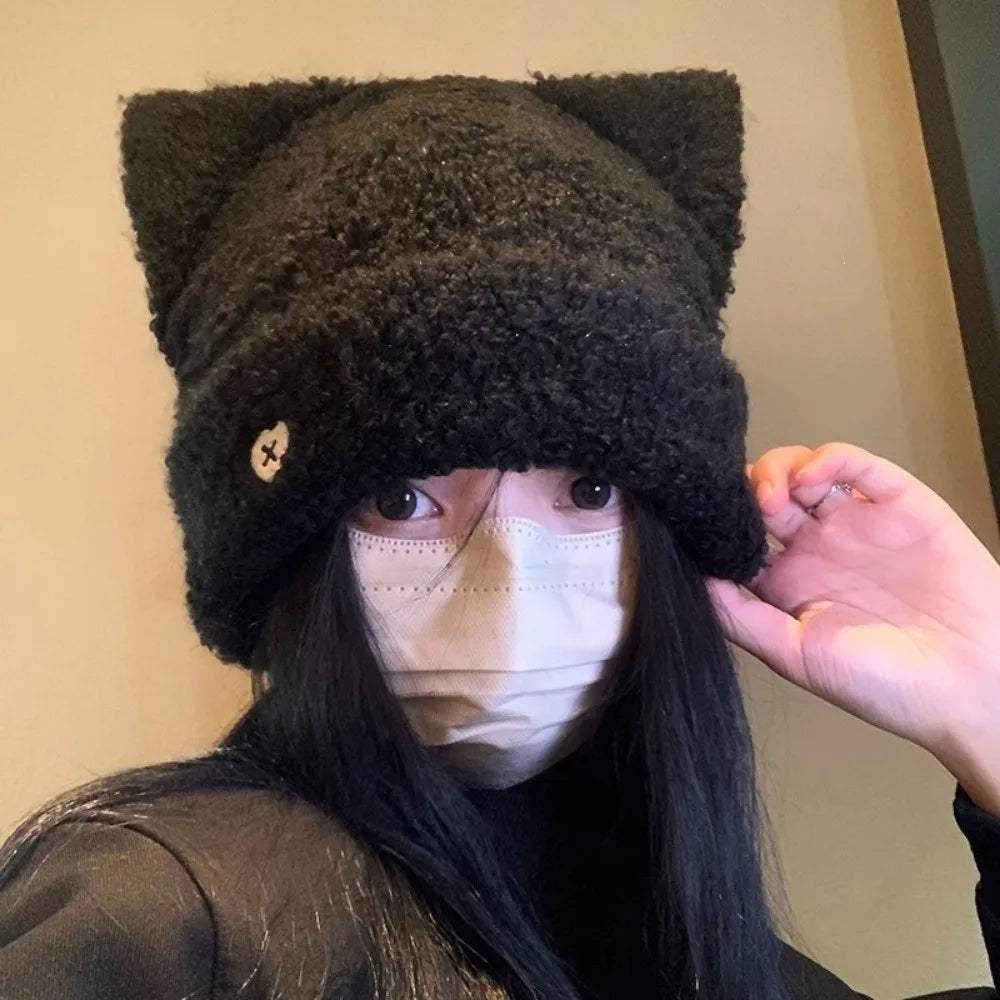 Fluffy Cat Ear Beanie Hat – Soft Plush Knit Winter Cap Plush Beanie Hat PLUSH