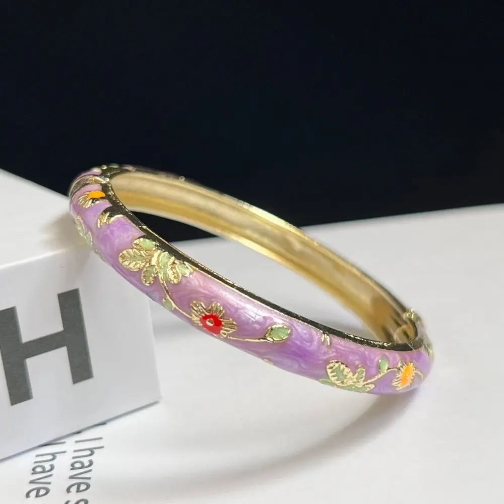 Chinese Cloisonne Enamel Peony Filigree Double Bangle Bracelet Enamel Bangle Bracelet PLUSH purple