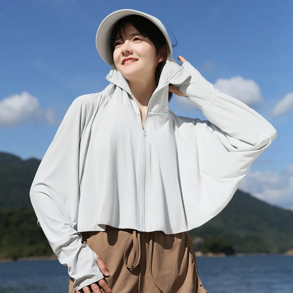 Women's UV Protection Ice Silk Hoodie – Sun Cover Jacket Sun Protection Hoodie PLUSH Light Grey