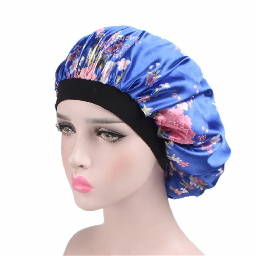 Women Satin Bonnet Floral Wide Band Sleep & Shower Hair Wrap Satin Sleep Bonnet PLUSH