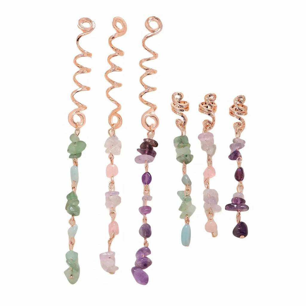 Crystal Stone Hair Beads Spiral Braid Charms Barrettes Set Hair Bead Charms PLUSH 6 piece a set
