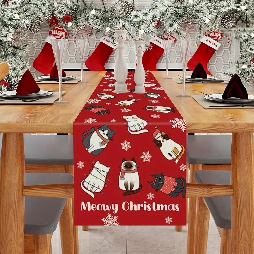 Meowy Christmas Cat Table Runner – Holiday Festive Décor Holiday Table Runner PLUSH